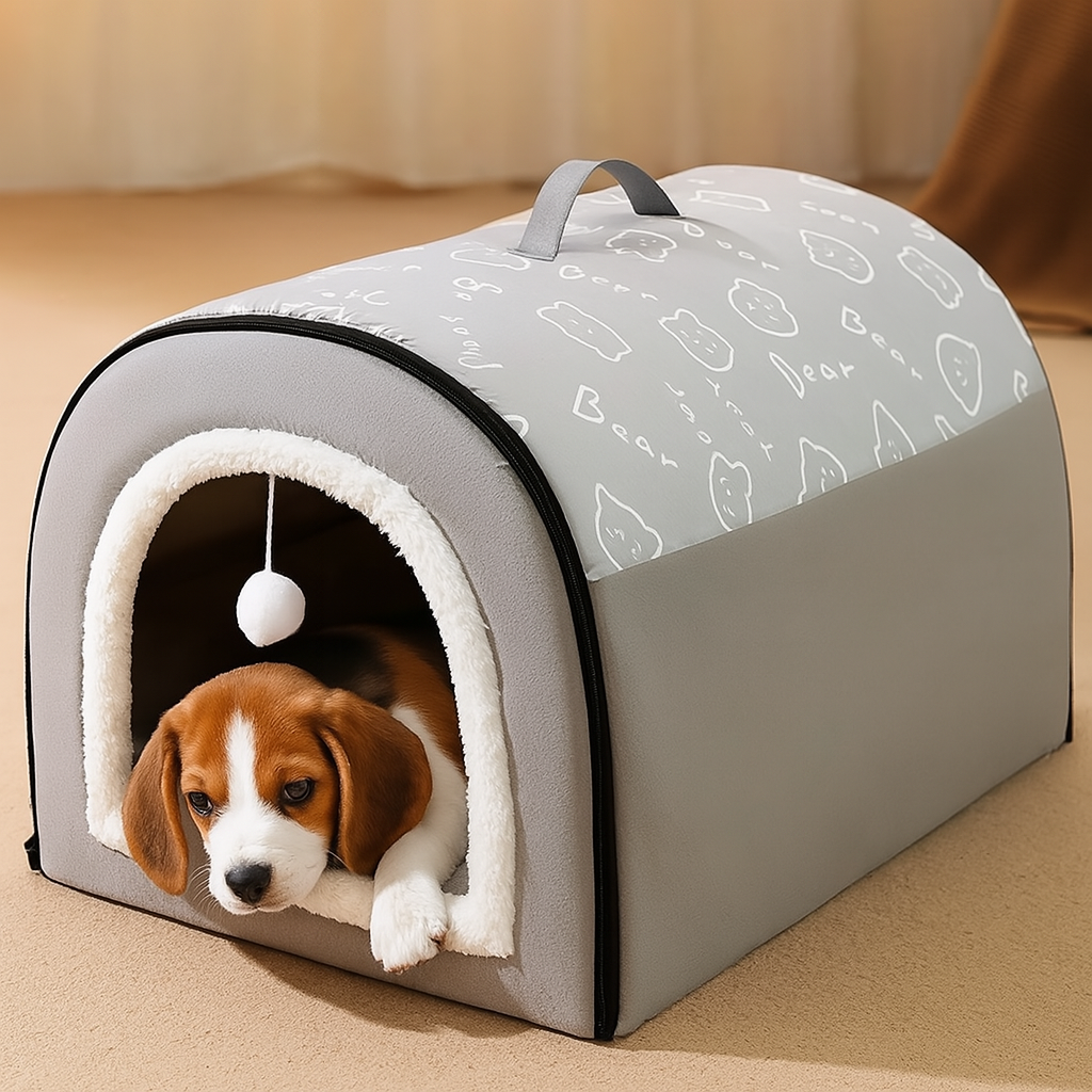 petit chien brun et blanc couché dans un panier chien en forme de nid de couleur gris. Le panier chien est dans une salle de couleur claire. Image produit Boutiquechien