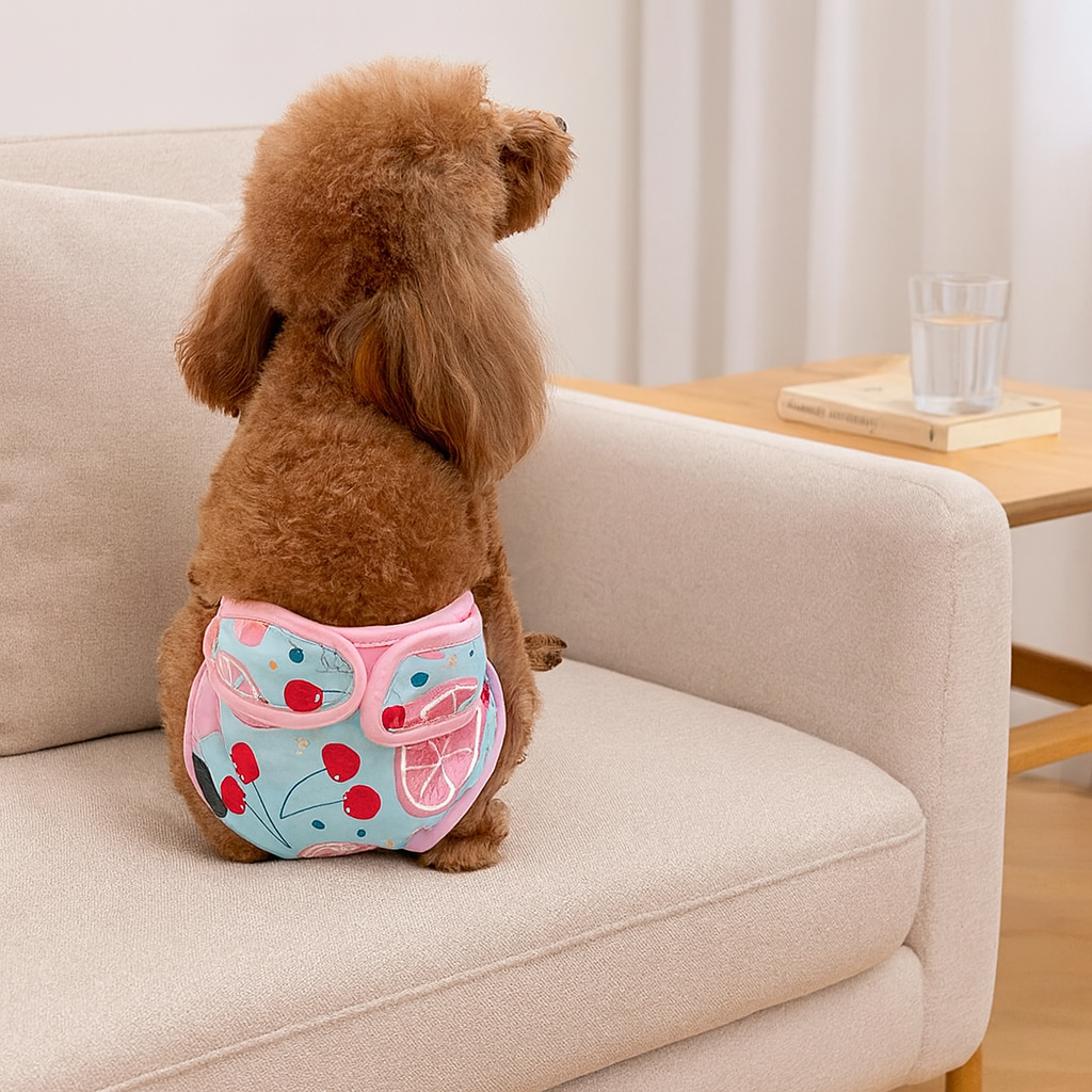 petit chien de couleur brun portant une couche pour chien colorer de couleur bleu et rose. Le chien est assis sur un canapé blanc. Image produit Boutiquechien