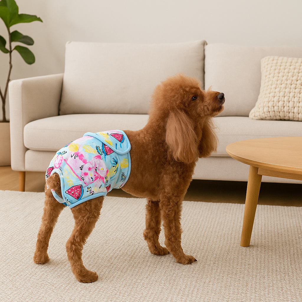 Petit chien de couleur brun portant une couche colorer pour chien de couleur bleu. Le chien est debout dans un salon avec en fond un canapé blanc près d'une table basse. En fond il y a une plante verte. Image produit Boutiquechien