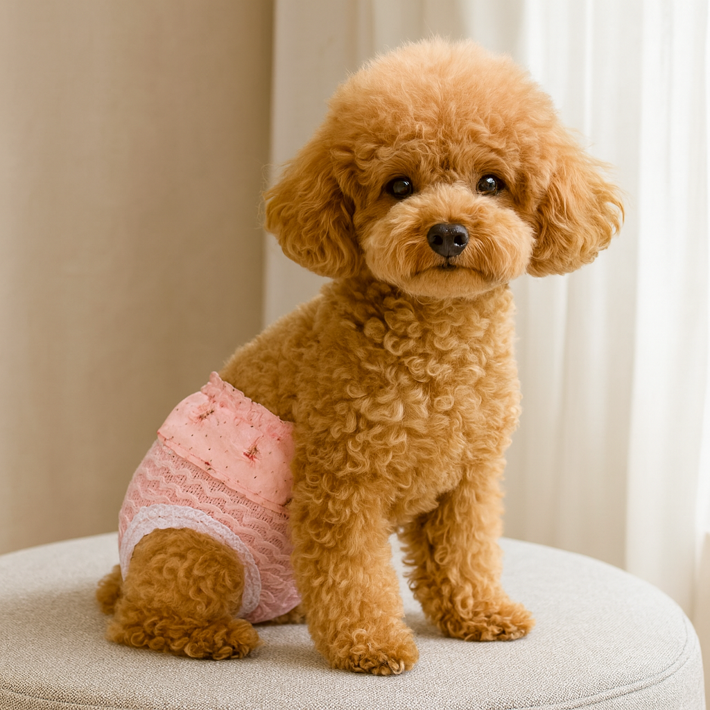 Petit chien de couleur brun portant une culotte pour chien de couleur rose. Le chien est assis sur un pouf gris avec en fond des rideaux blanc. Image produit Boutiquechien