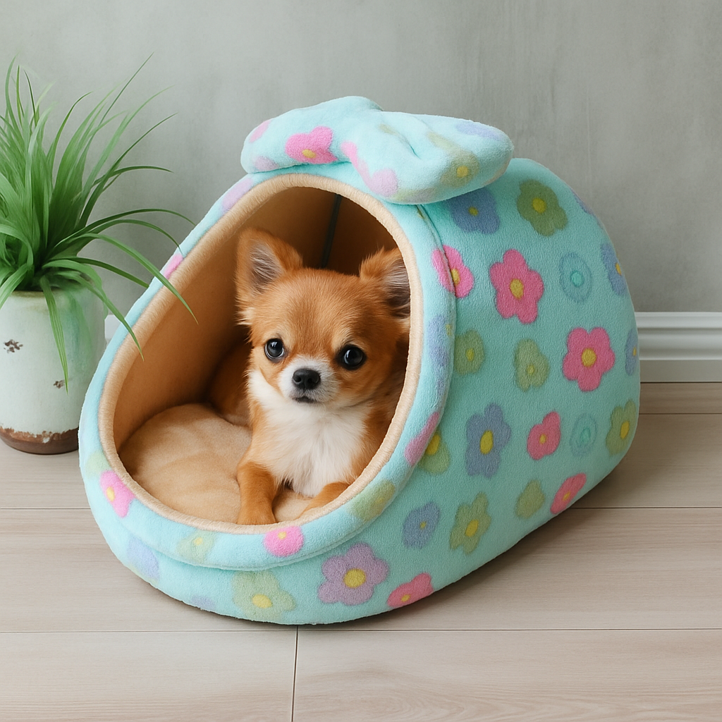 Petit chihuahua de couleur brun et blanc couché dans un petit nid de couleur bleu à fleur. Le panier est posé près d'une plante verte. Image produit Boutiquechien