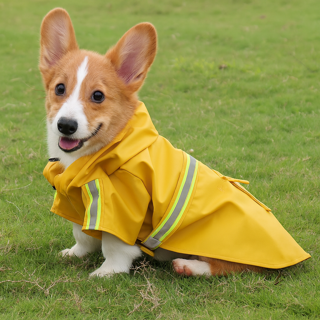 petit chien de couleur claire avec un imperméable pour chien de couleur jaune à bande réfléchissante. Le chien est assis dans de l'herbe verte. Image produit Boutiquechien
