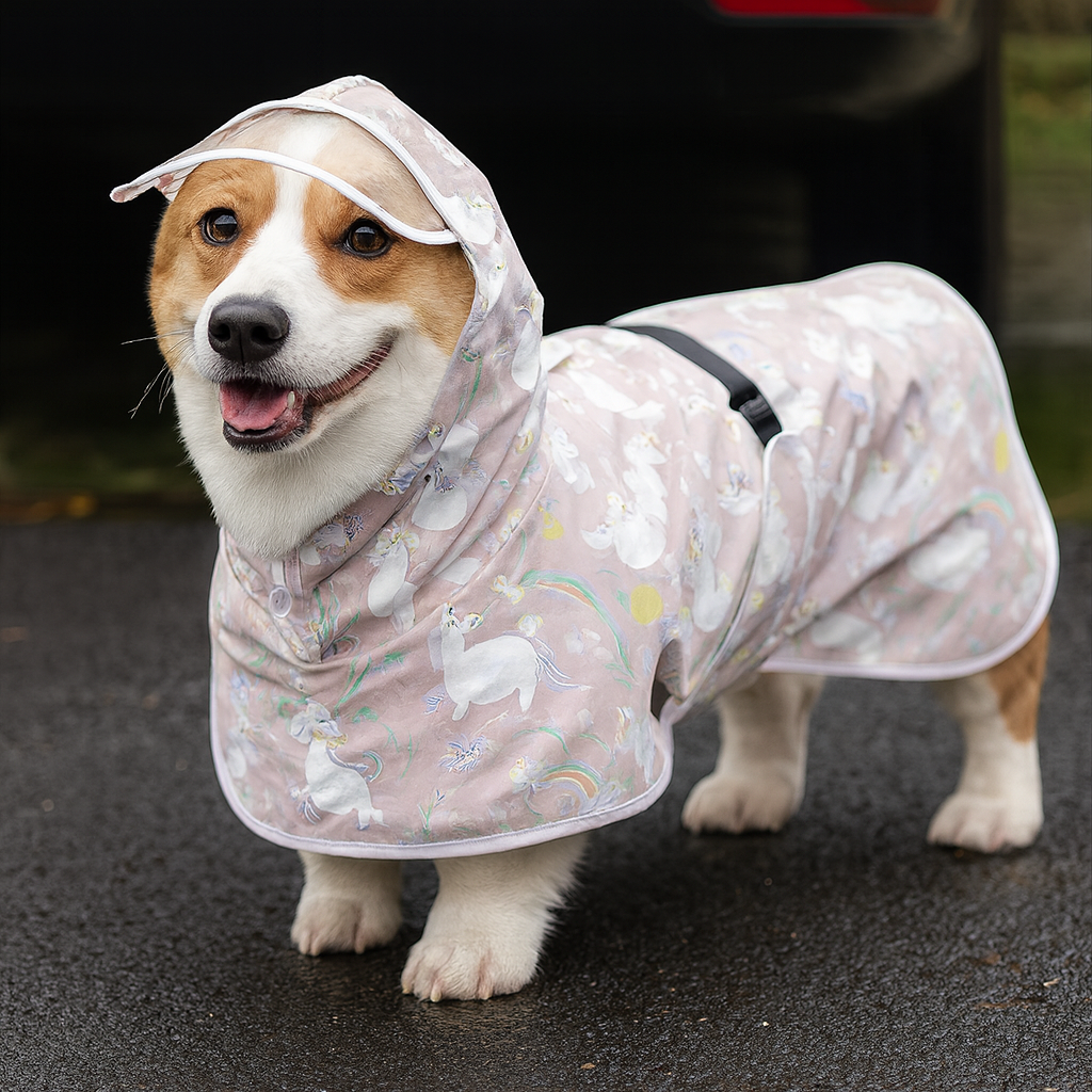 petit chien de couleur claire dans un imperméable de coulueur rose avec des licornes blanche dessus. Le petit chien est dans une rue sur un goudron noir avec en fond une voiture nul. Image produit Boutiquechien