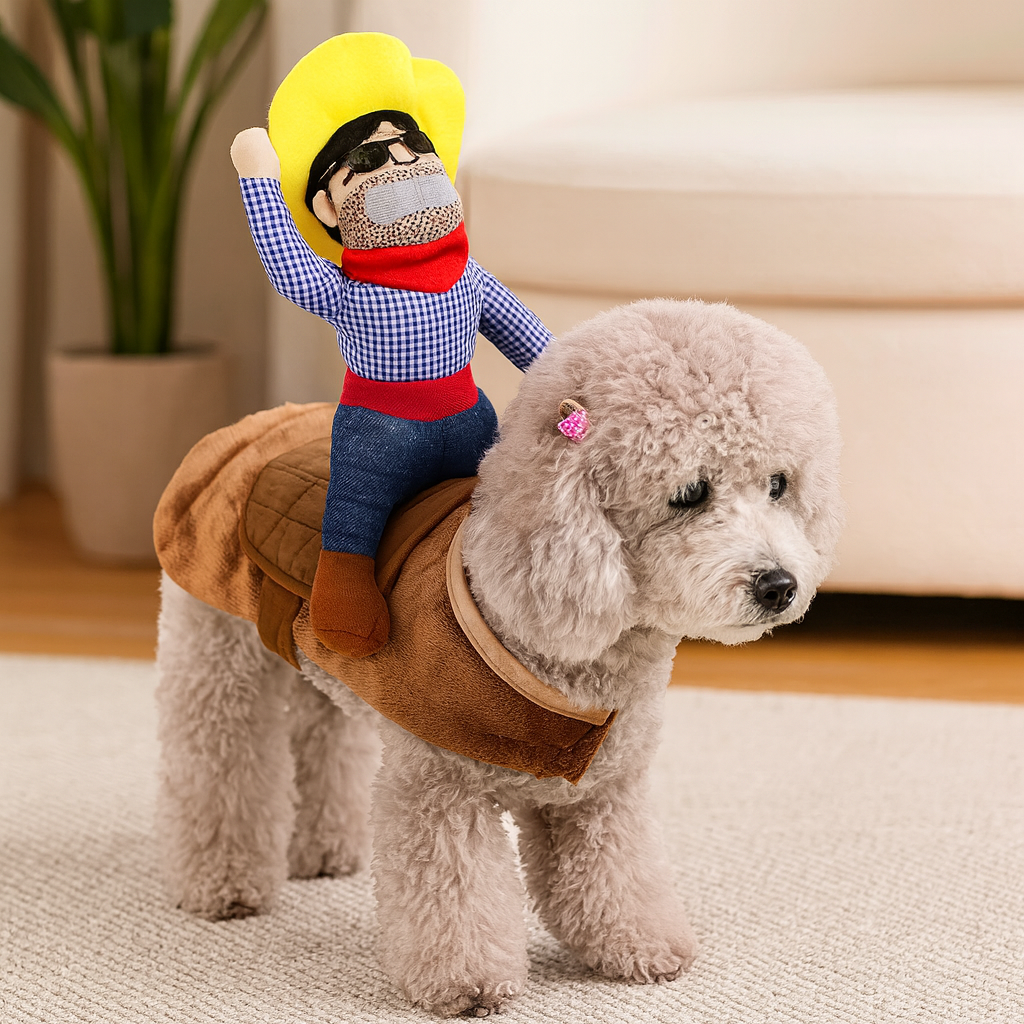 Petit chien de couleur claire avec un déguisement de Cow boy pour les chiens. Le petit chien est debout sur un tapis gris avec en fond un canapé pour chien blanc et une plante verte. Image produit Boutiquechien