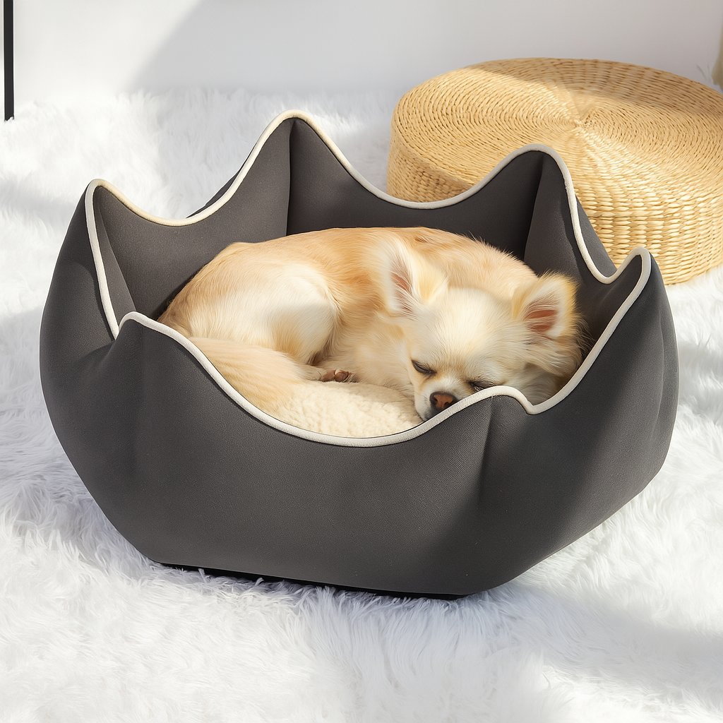 Petit chien de couleur blanc et de race chihuahua couché dans un panier chine design et élégant. Le panier chien est posé dans un salon de couleur claire avec en fond un pouf en osier. Image produit Boutiquechien