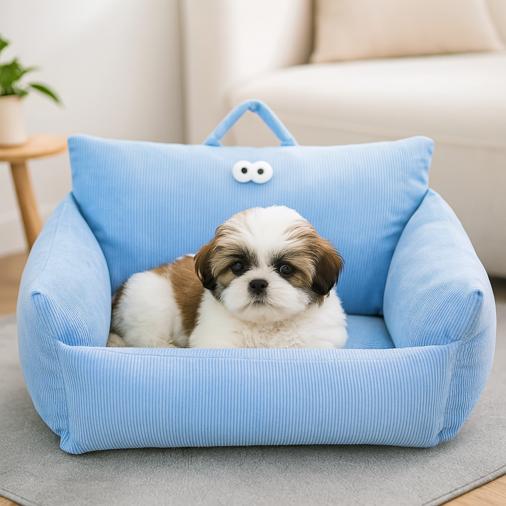 Petit chien blanc couché dans un panier petit chien rigolo avec des yeux. Le panier chien est posé dans un salon de couleur claire avec en fond une plante verte et un canapé blanc. image produit Boutiquechien