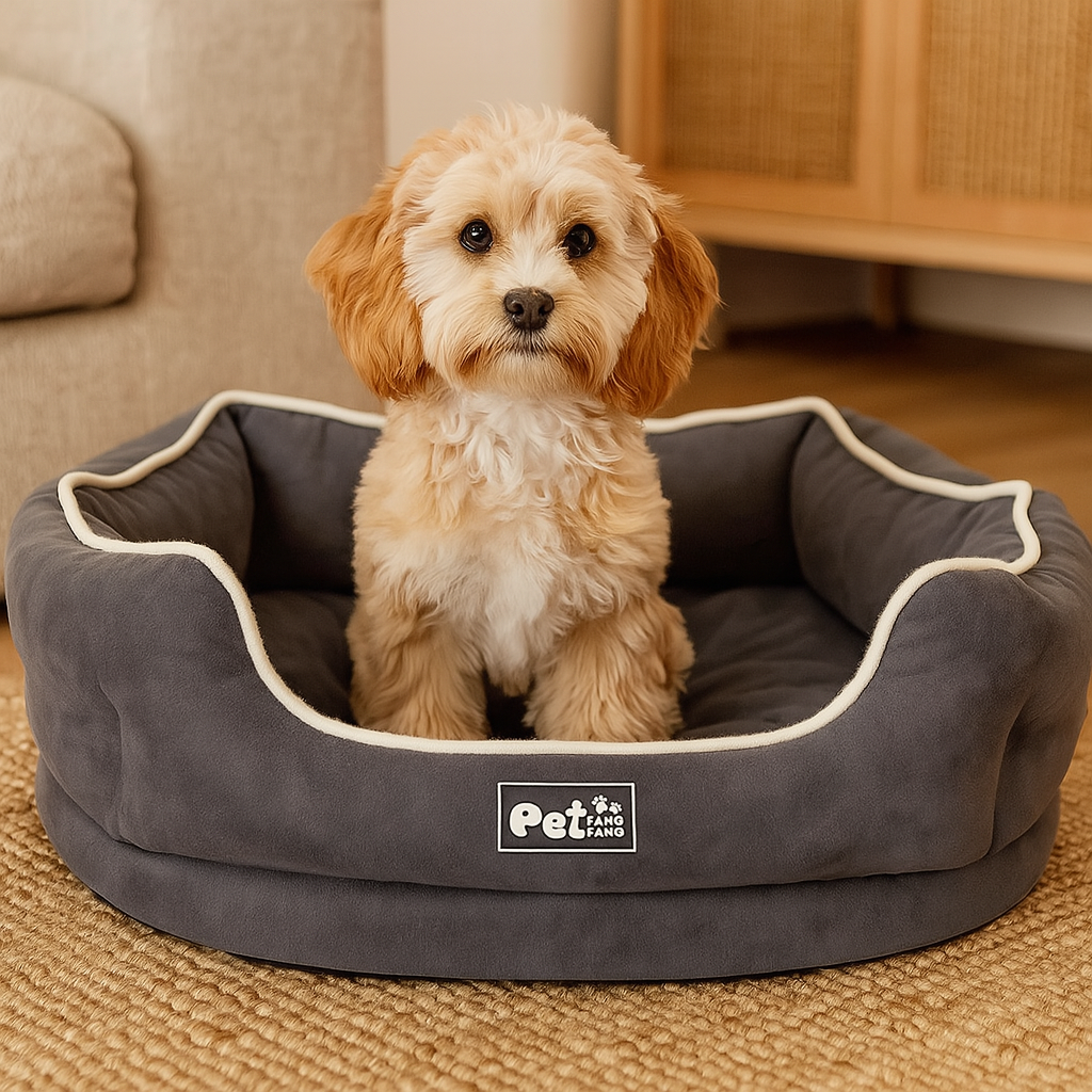 Petit chien de couleur blanc assis dans un panier chien de couleur et blanc avec en fond un canapé pour chien gris et un meuble en bois. Image produit Boutiquechien