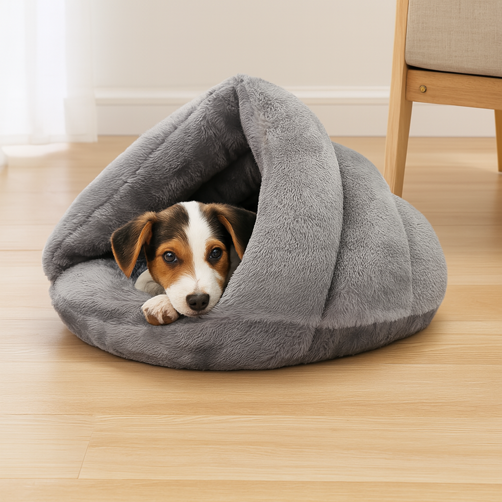petit chien de plusieurs couleurs. Le panier chien est de couleur gris en forme de nid. Image produit Boutiquechien