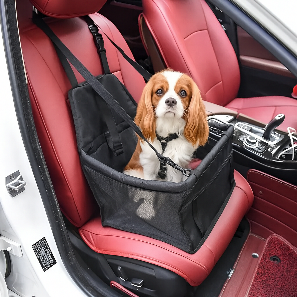 Petit chien brun et blanc assis dans un panier chien noir durable pour les voitures. Le petit panier chien est posé à l'avant d'une voiture sur un siège de couleur rouge. Image produit Boutiquechien