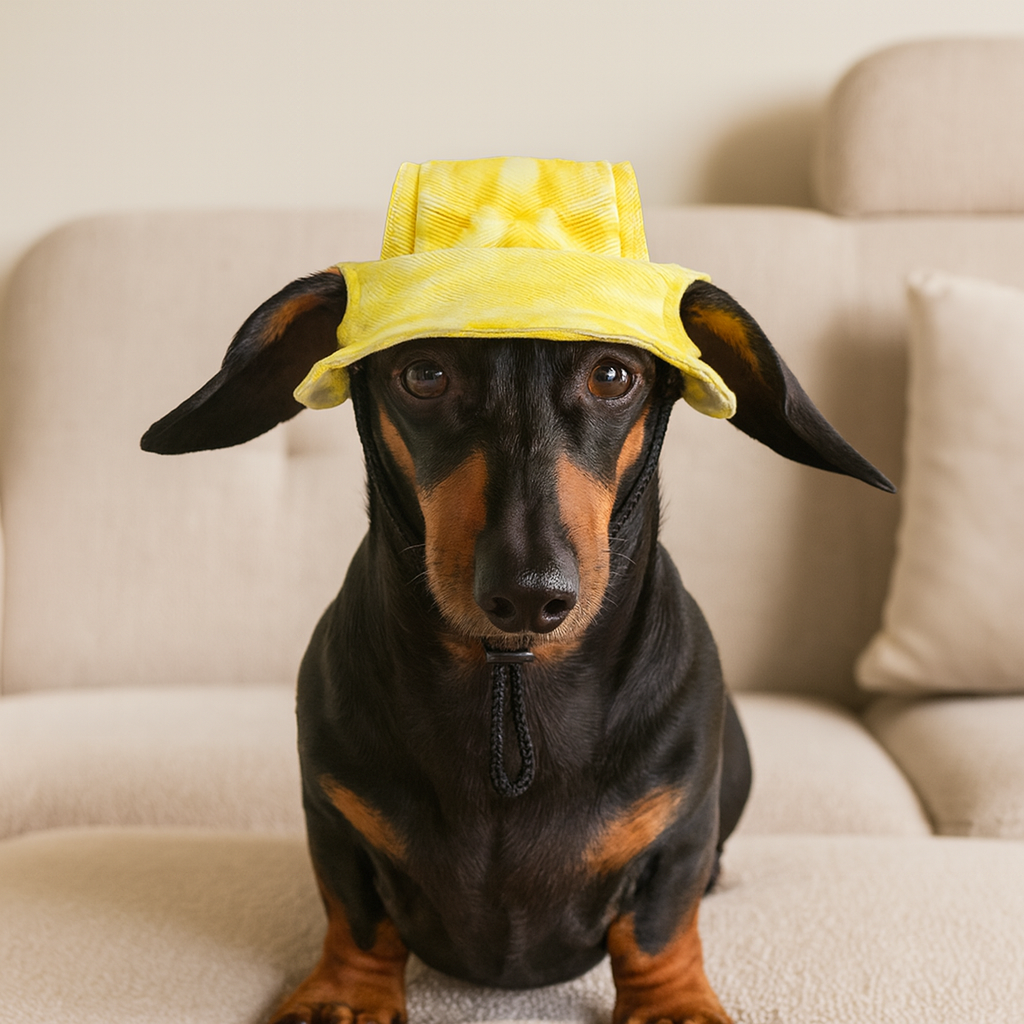 petit chien de couleur noir et brun portant un bob pour chien de couleur jaune. Le chien est couché sur un canapé de couleur gris. Image produit Boutiquechien