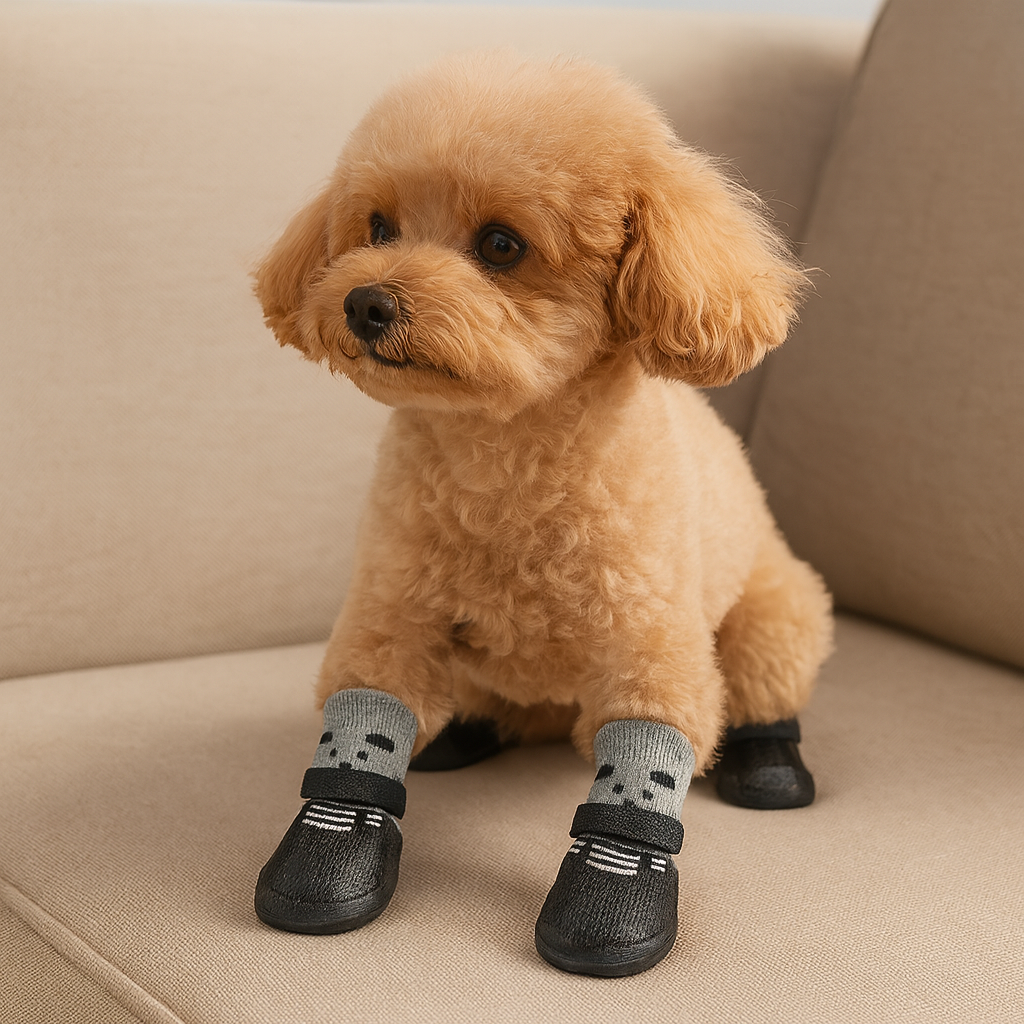 Petit chien de couleur claire portant des bottes pour chien de couleur noir et gris sur un canapé beige. Image produit Boutiquechien