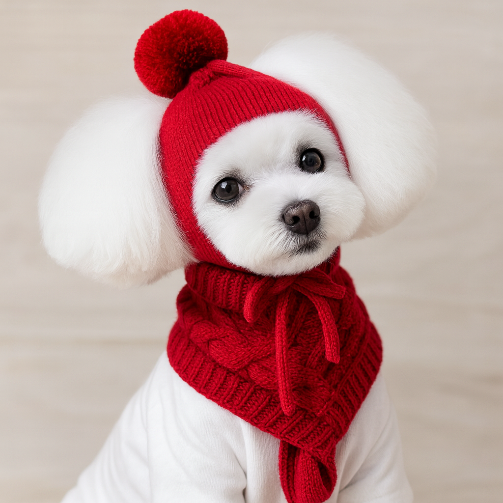 Petit chien de couleur blanc portant une écharpe et un bonnet pour chien rouge. Image produit Boutiquechien