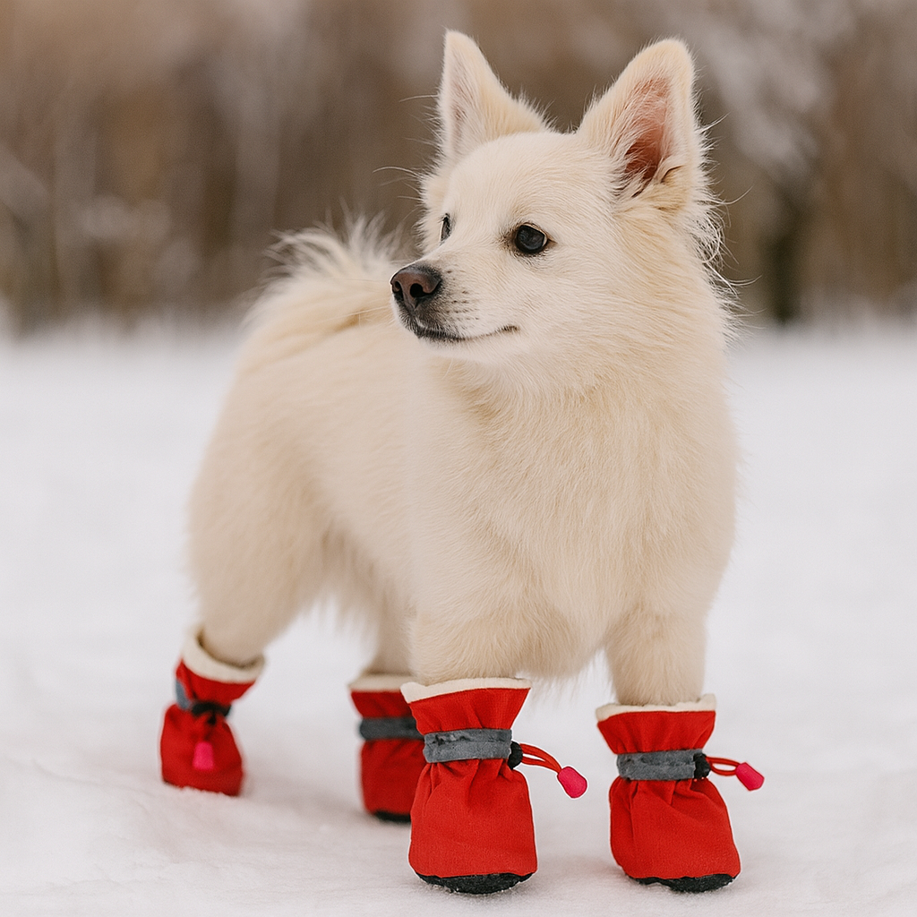 Petit Chien de couleur blanc portant des bottes d'hiver pour chien de couleur rouge en étant dans la neige blanche. Image produit Boutiquechien