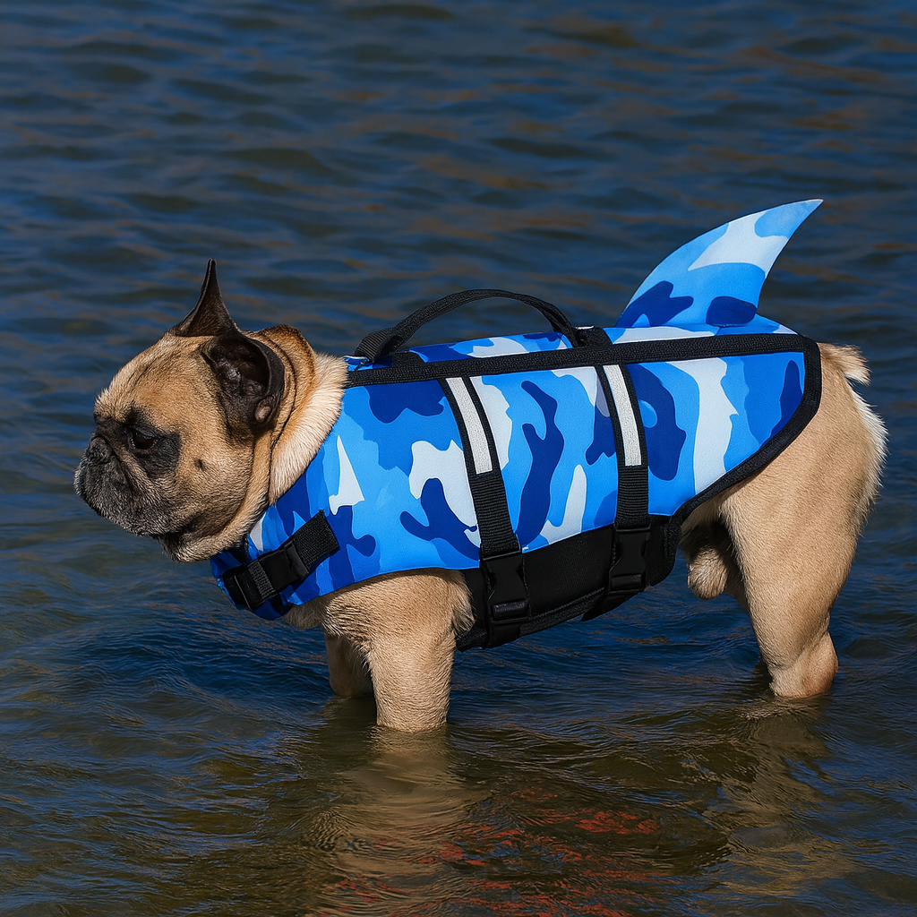 Buldog de couleur blanc portant un gilet de sauvetage pour chien de couleur bleu avec un style camouflage. Le chien est debout dans l'eau. Image produit Boutiquechien