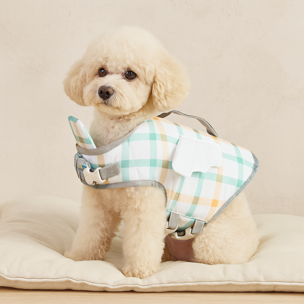 Petit chien de couleur blanc portant un petit gilet de sauvetage pour les chiens de couleur blanc avec des carreaux. Image produit Boutiquechien