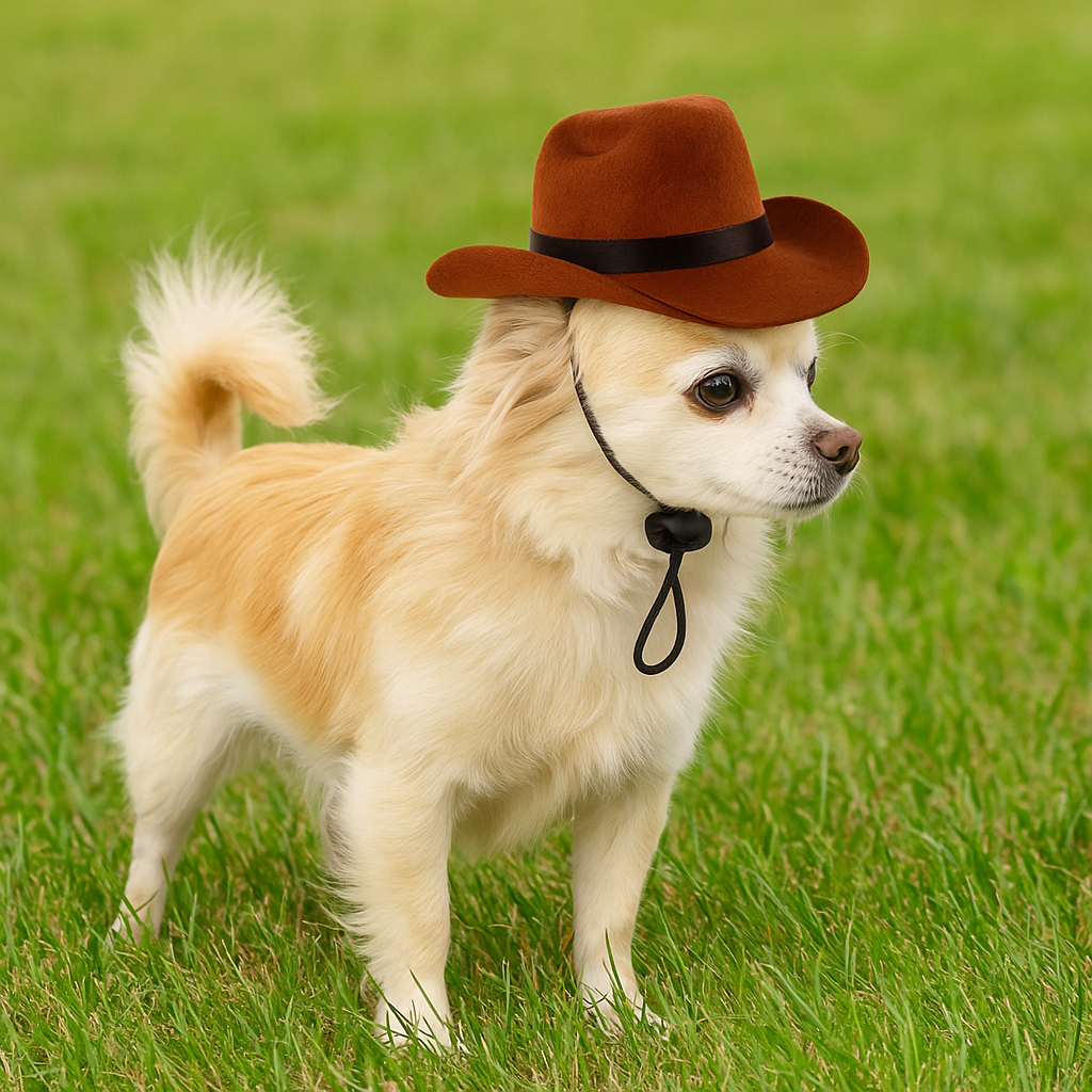 Petit chien de couleur blanc portant un chapeau de Cow boy pour chien de couleur brun. Le chien est dans l'herbe verte. Image produit Boutiquechien