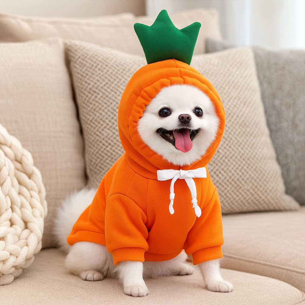 Petit chien de couleur blanc portant un déguisement carotte orange. Le chien est assis sur le canapé gris. Image produit Boutiquechien