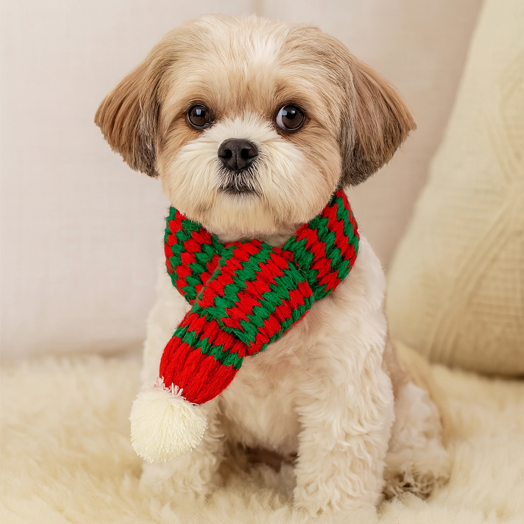 Petit chien de couleur blanc avec une écharpe pour chien de couleur rouge et verte sur un canapé blanc. Image produit Boutiquechien