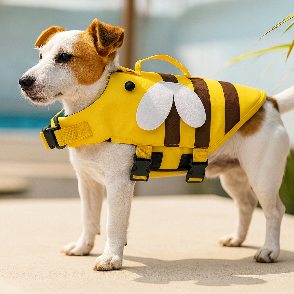 Petit chien de couleur blanc et brun avec un gilet de sauvetage pour chien de couleur jaune et claire en forme d'abeille. Image produit Boutiquechien
