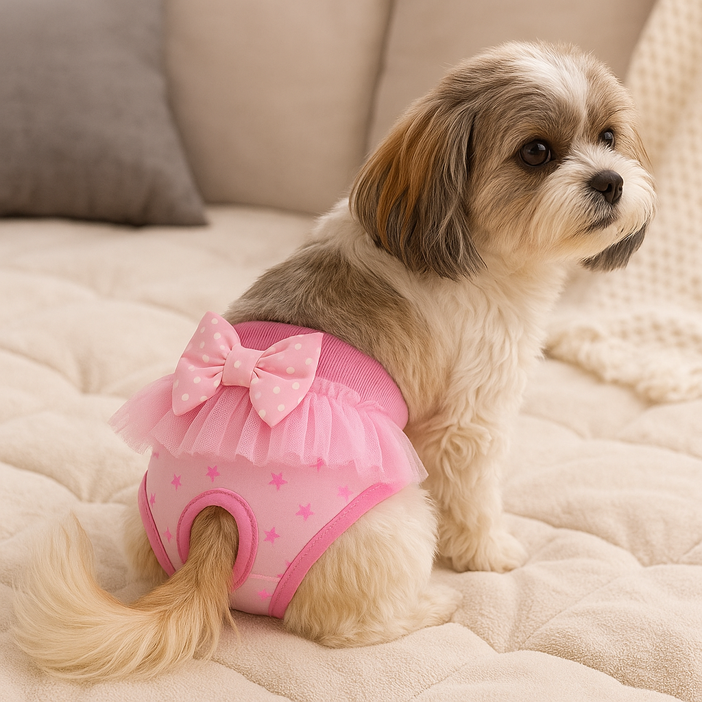 Petit chien de couleur gris et blanc avec une culotte pour chien rose. Le chien est assis sur un canapé de couleur claire. Image produit Boutiquechien