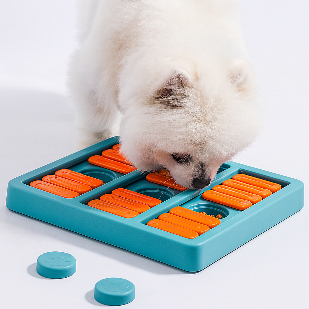Petit chien de couleur blanc jouant avec le puzzle bleu et orange pour chien. Image produit Boutiquechien
