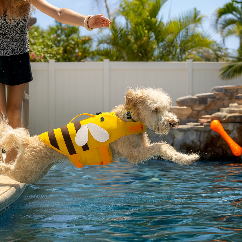Petit chien de couleur blanc portant un gilet de sauvetage pour chien de couleur jaune abeille. Image produit boutiquechien