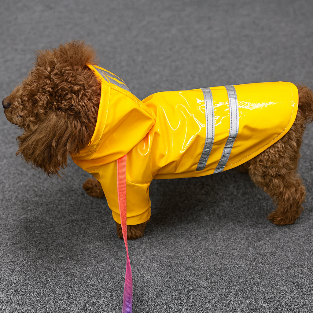 Petit imper jaune et gris sur un petit chien de couleur brun avec une laisse rose. Image produit Boutiquechien