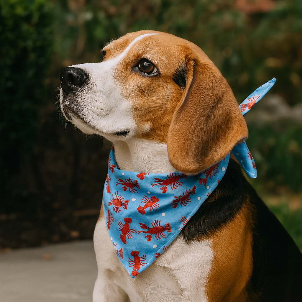 Petits chien de couleur brun et noir portant un foulard de couleur bleu avec des écrevisses de couleur rouge. Image produit Boutiquechien