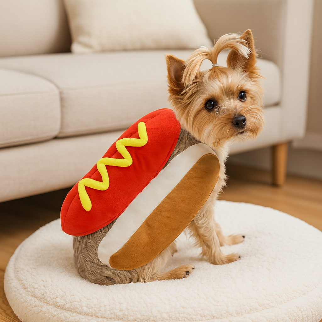 Petit chien de couleur brun portant un déguisement de hot dog de couleur brun et rouge. Le chiens sur son panier pour chien de couleur blanc avec en fond un canapé de couleur gris. image produit Boutiquechien