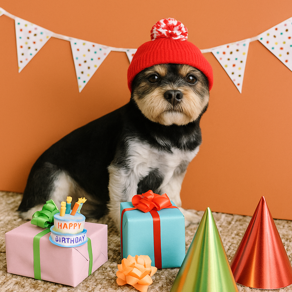 Petit chien de couleur foncé assis près de ses cadeaux d'anniversaire pour chien. Image produit Boutiquechien