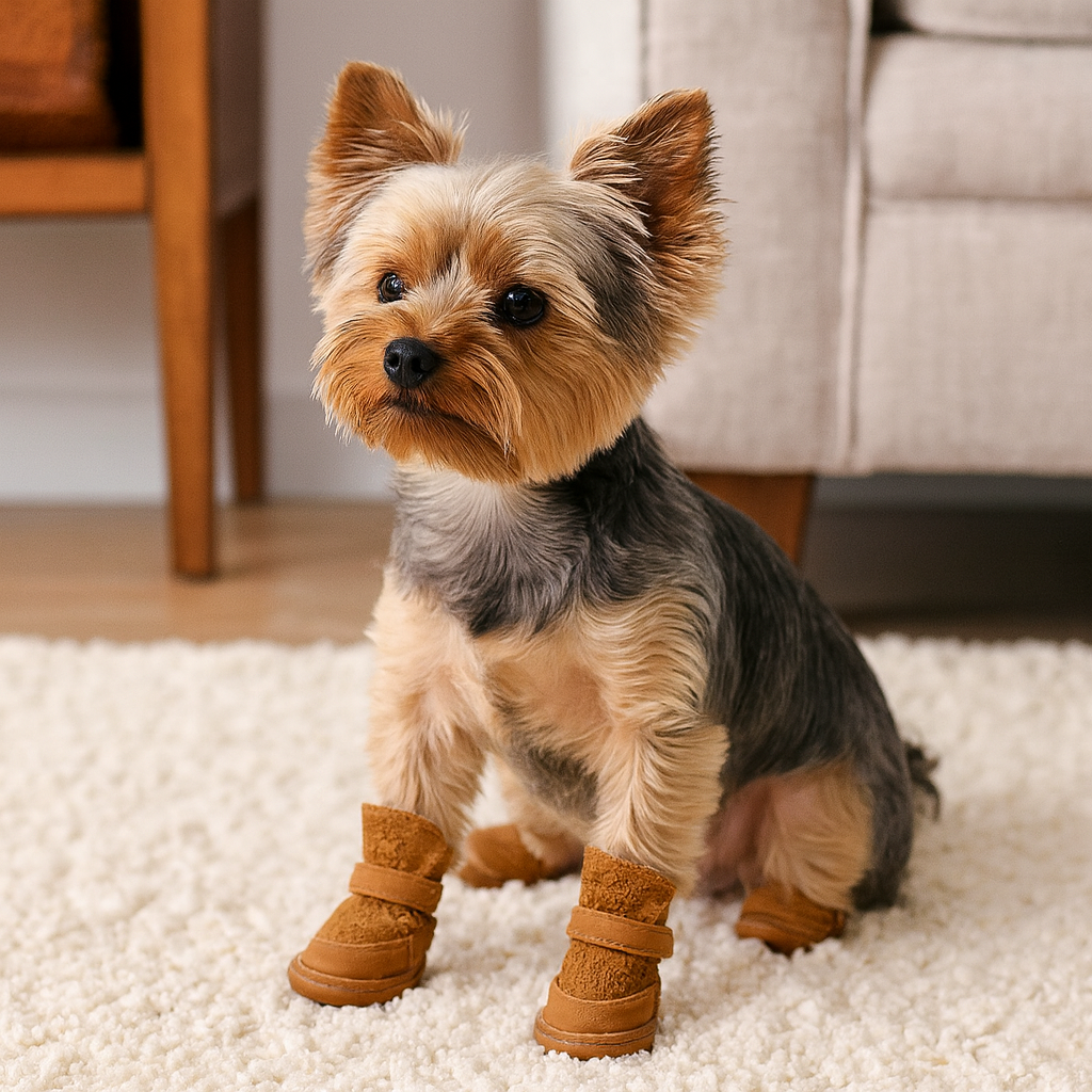 Petit chien de couleur foncé avec des bottes pour chiens de couleur brune. Le chien est assis sur un tapis blanc avec en fond un canapé gris. image produit Boutiquechien