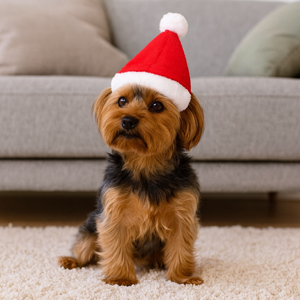 petit chien de couleur foncé sur un tapis assis avec en fond un canapé gris. Le chien porte un bonnet pour chien de couleur rouge et blanc de Noel de boutiquechien