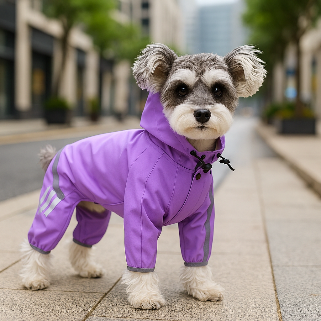 Petit chien de couleur gris et blanc portant un imper de couleur violet dans une ville moderne. Image produit Boutiquechien