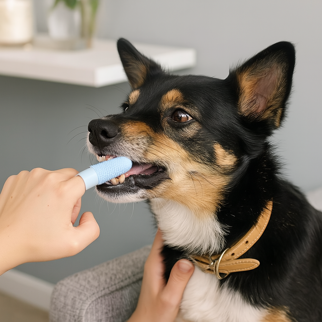 petit chien de couleur noir se faisant brosser les dents par une brosse à dent doigt de couleur bleu. Image produit Boutiquechien