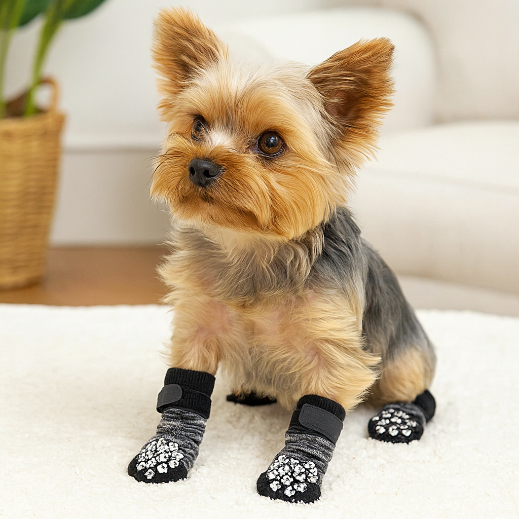 Petit chien de couleur foncé portant des chaussettes grise. Le chien est assis sur un tapis avec en fond un canapé blanc pour chien. Image produit Boutiquechien