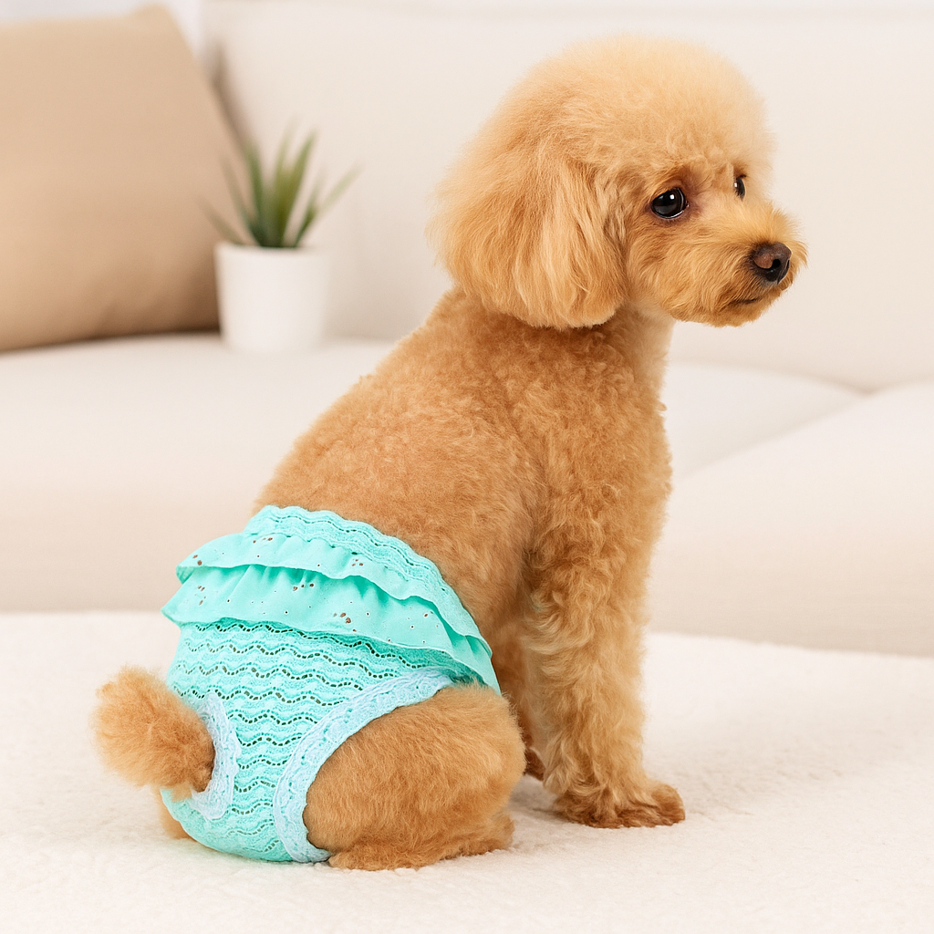 petit chien de couleur brun portant une culotte pour chien bleu. Le chien est assis sur un canapé blanc. Image produit Boutiquechien