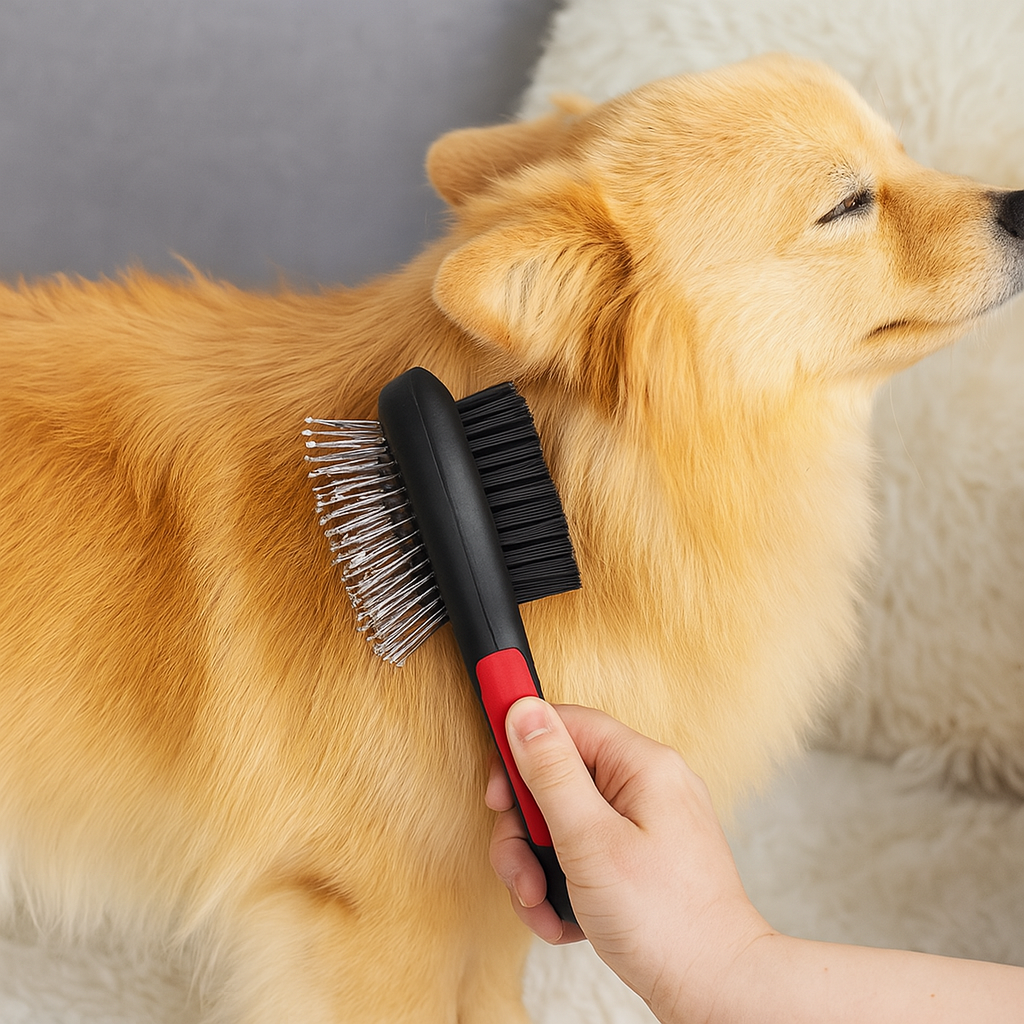 petit chien de couleur claire se faisant brosser par une brosse double sens de couleur noir et rouge. Image produit Boutiquechien