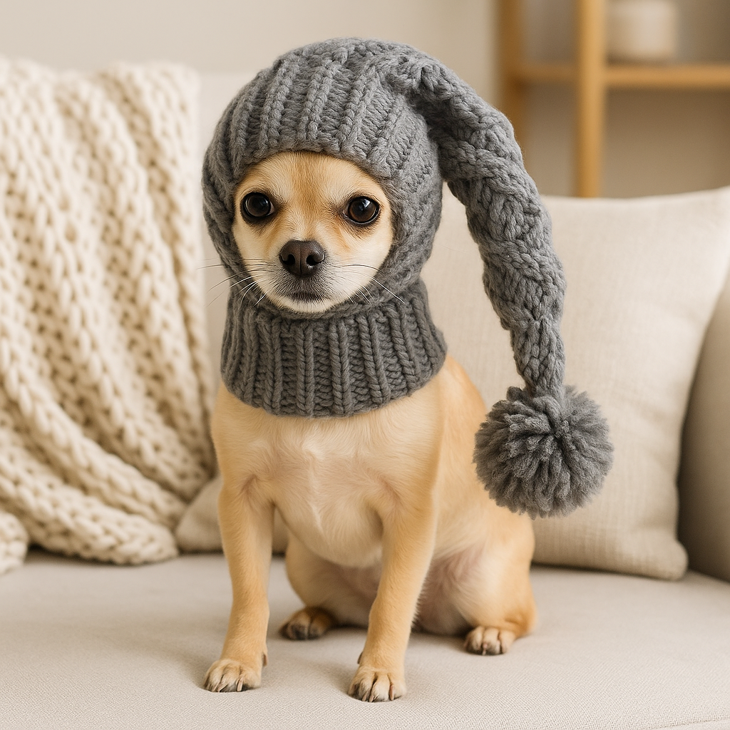 Petit chihuahua de couleur blanc portant un bonnet cagoule intégral de couleur gris sur un canapé claire de boutiquechien