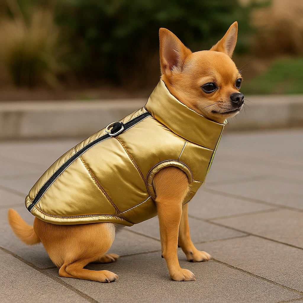 Petit chihuahua avec une doudoune or dans une rue sur des pavés. Image produit Boutiquechien