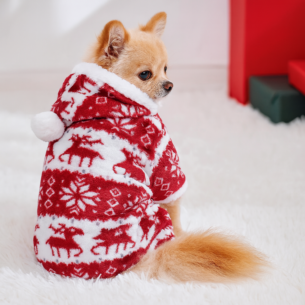 Petit chihuahua de couleur claire porté par un pull de noël de couleur rouge et blancL. Le chien est assis sur un tapis blanc. Image produit Boutiquechien
