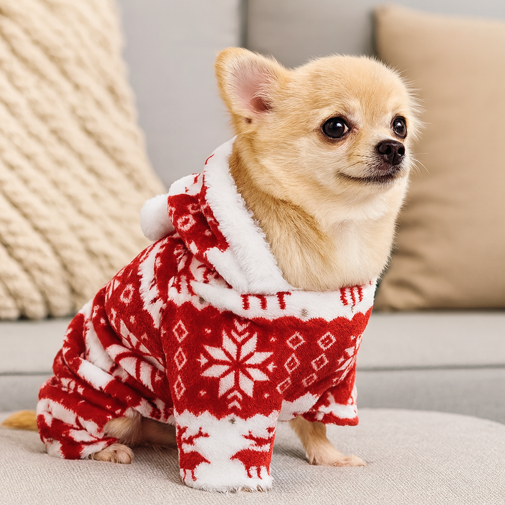 Petit chihuahua de couleur blanc portant un pull de Noël pour chien de couleur rouge et blanc sur un canapé de boutiquechien