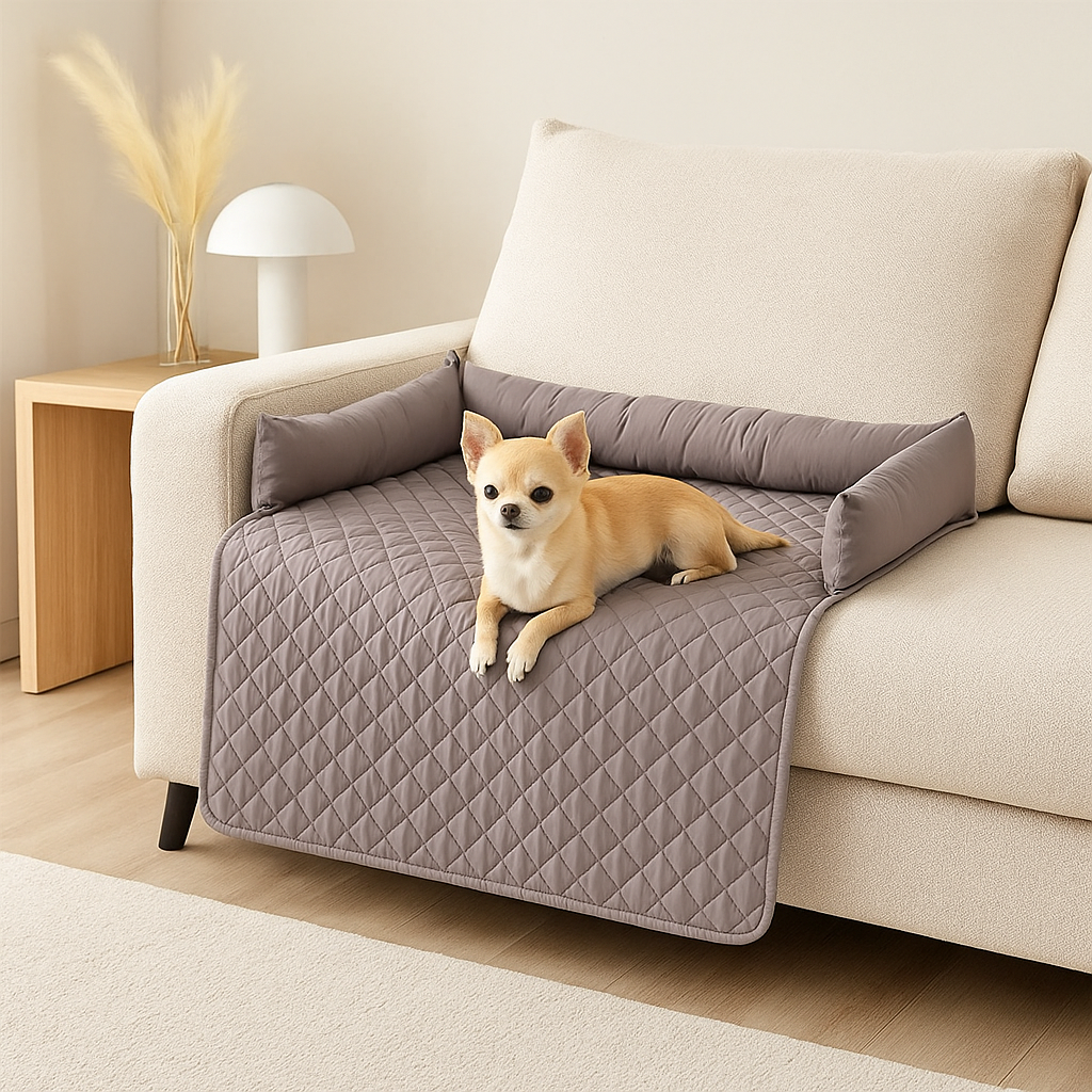Petit chihuahua de couleur blanc couché sur une protection de canapé de couleur gris. Le tapis de protection est sur un canapé blanc. Image produit Boutiquechien