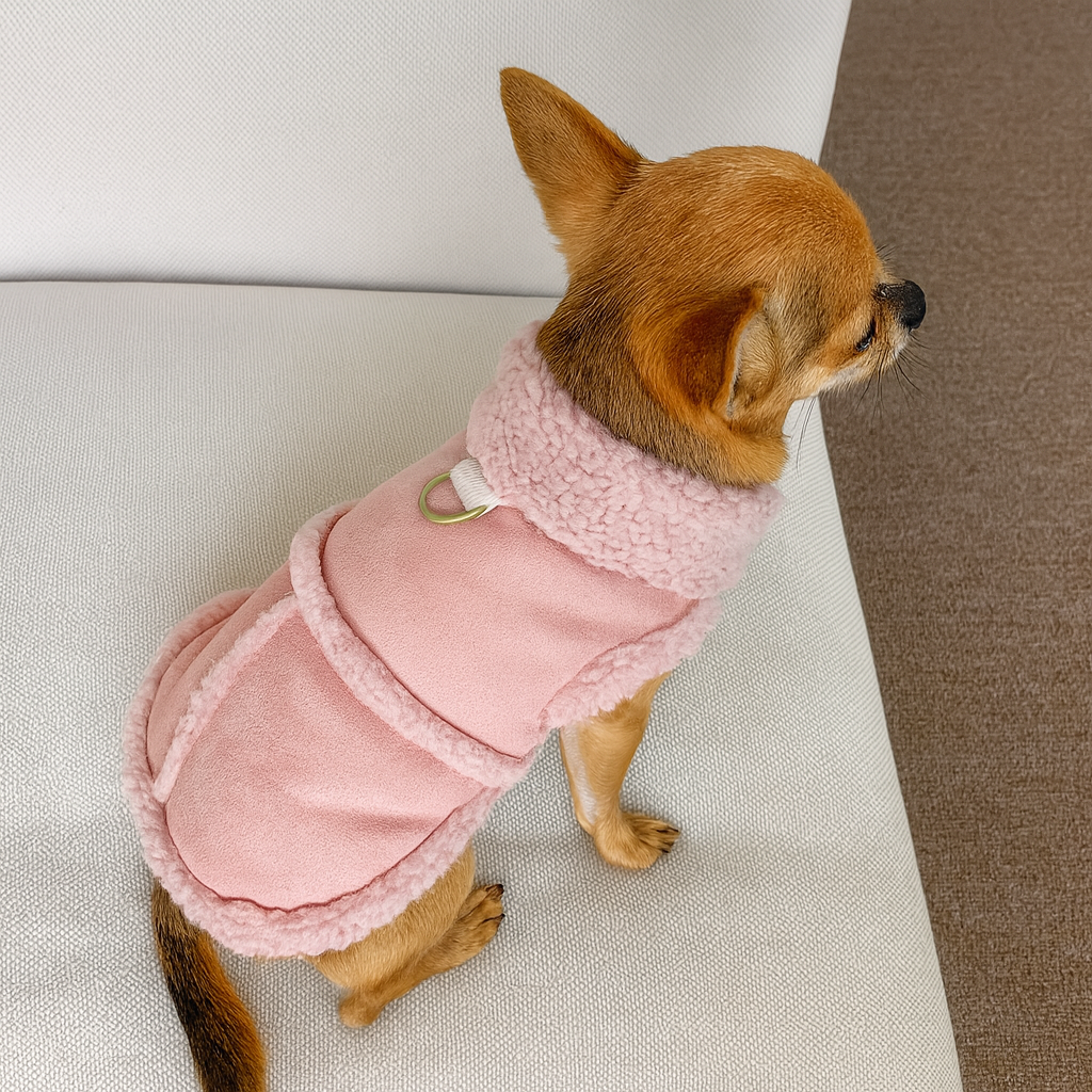 Chihuahua de couleur claire portant une veste de couleur rose rembourré. Le chien est debout sur un canapé blanc. Image produit Boutiquechien