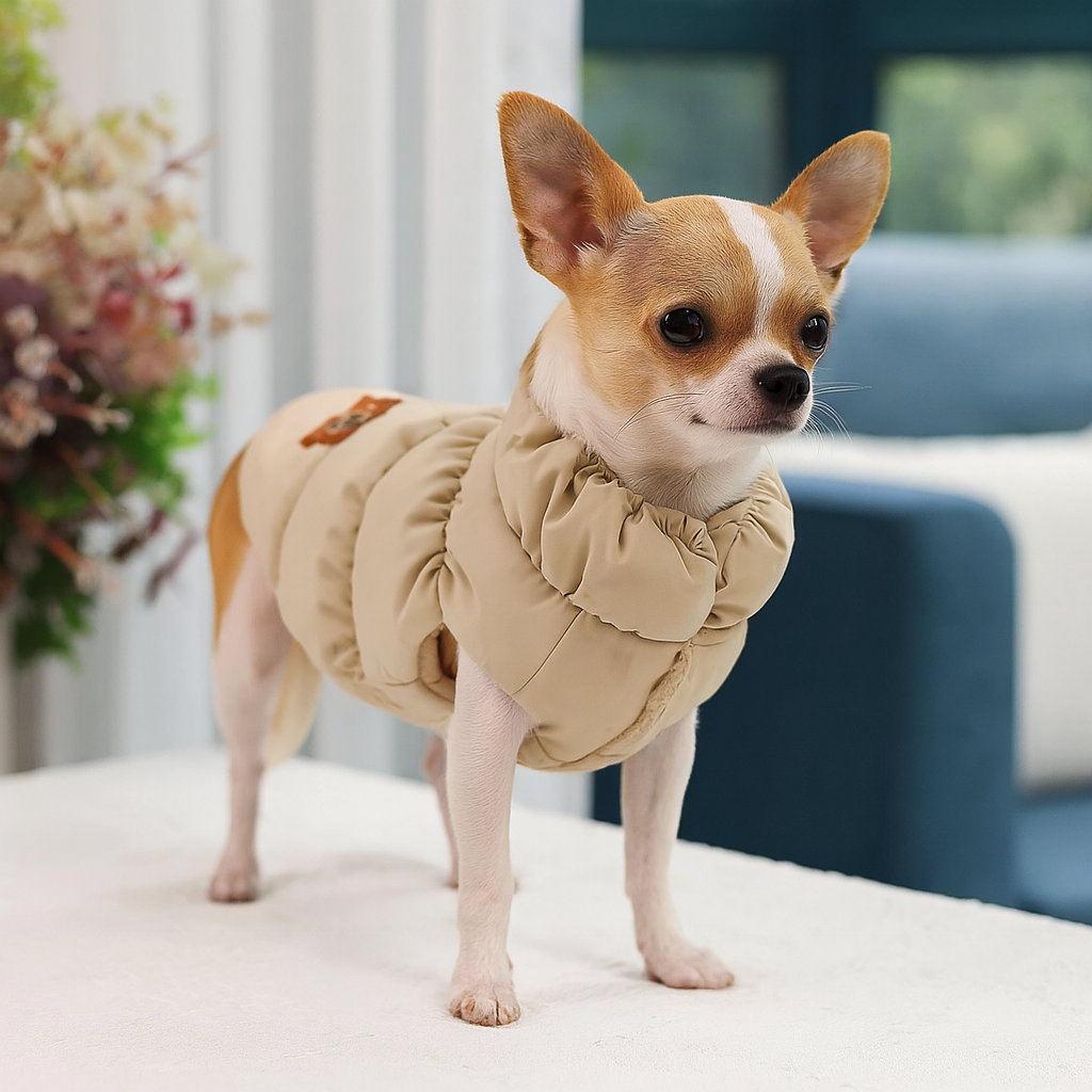 Petit chihuahua de couleur claire portant une doudou pour chien de couleur beige. le Chien est debout sur une table blanche avec en fond un canapé bleu. Image produit Boutiquechien