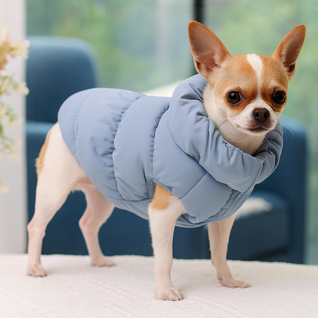 Petit chihuahua de couleur claire portant une doudou pour chien de couleur bleu. le Chien est debout sur une table blanche avec en fond un canapé bleu. Image produit Boutiquechien