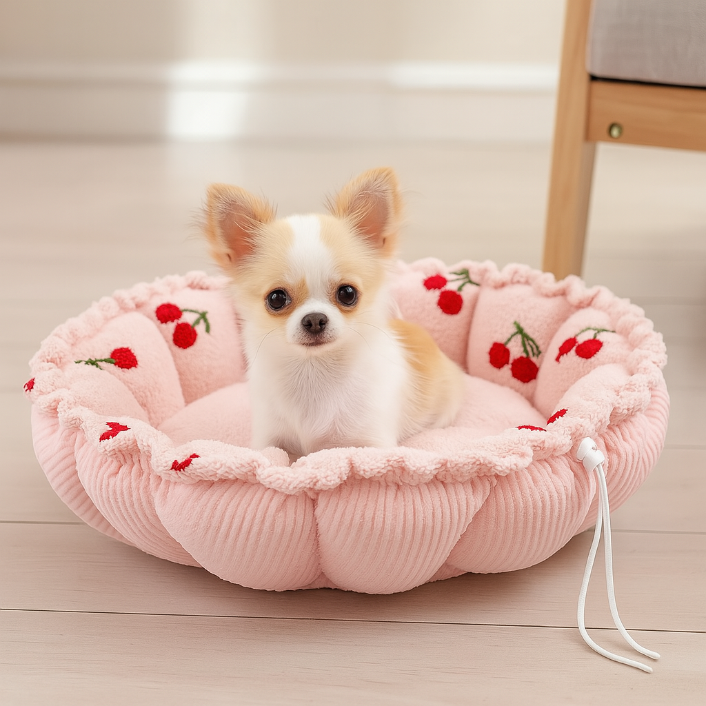 Panier chien de couleur rose avec des cerises rétractable. Le chihuahua est assis dans le panier chien avec en fond un meuble claire. Image produit Boutiquechien