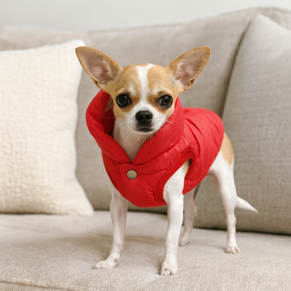 Chihuahua de couleur blanc et brun debout sur un canapé gris avec e fond un coussin blanc. Le petit chien porte une veste rouge pour chihuahua. Image produit Boutiquechien