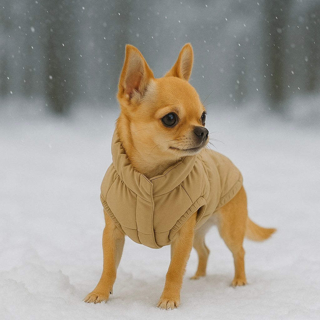 Petit chihuahua de couleur claire portant une veste pour petit chien de couleur beige. Le petit chien est debout dans la neige avec en fond une forêt. Image produit boutiquechien