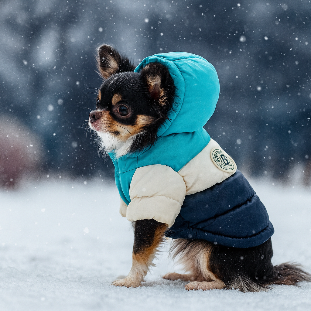 Petit chihuahua de couleur noir et brun portant une doudoune pour chien de couleur bleu et blanc. Le chien est assis sous la neige blanche qui tombe. Image produit Boutiquechien