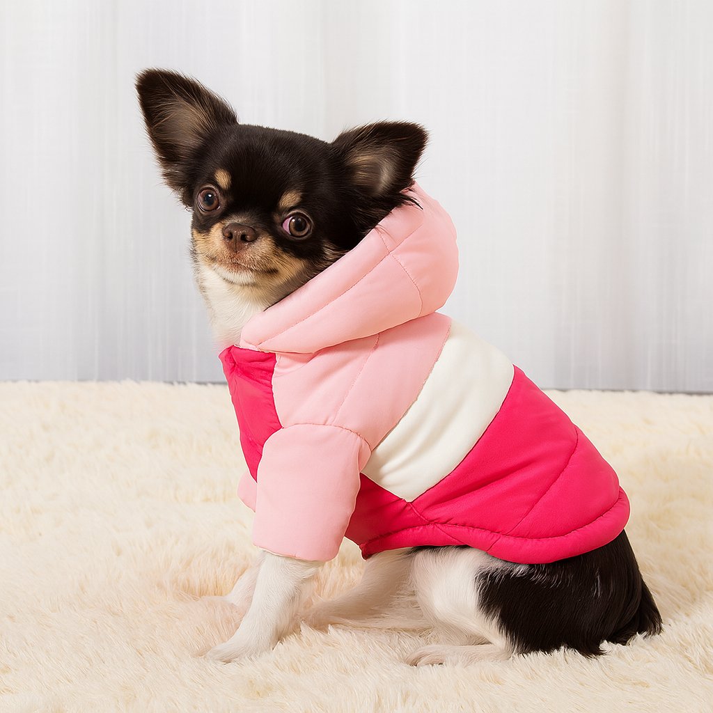 Petit chihuahua de couleur noir et blanc portant une doudoune pour chihuahua de couleur rose et rouge. Image produit Boutiquechien